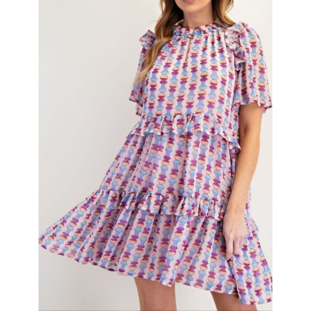 NWT Easel | Geometric Ruffle Tiered Woven Sheer Dress Purple Womens 2X - Picture 2 of 9